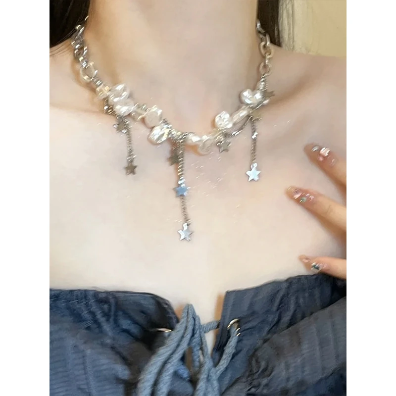 铜合金合成锆石吊坠 小众设计感星星流苏珍珠项链女气质锁骨链夏