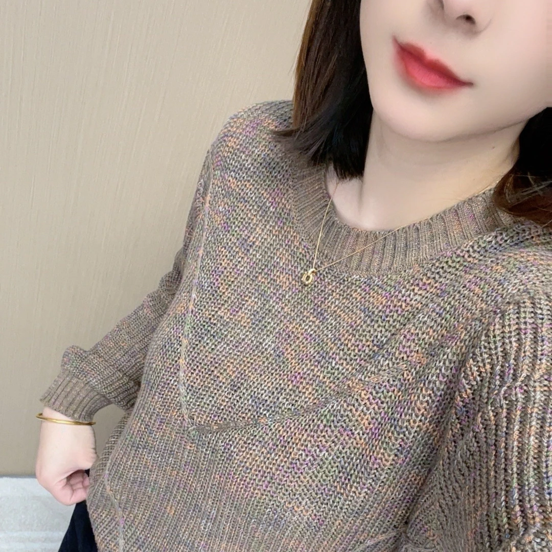 【元宝幻彩】早春圆领新款韩版彩色慵懒棉衫百搭女士宽松圆领针织衫