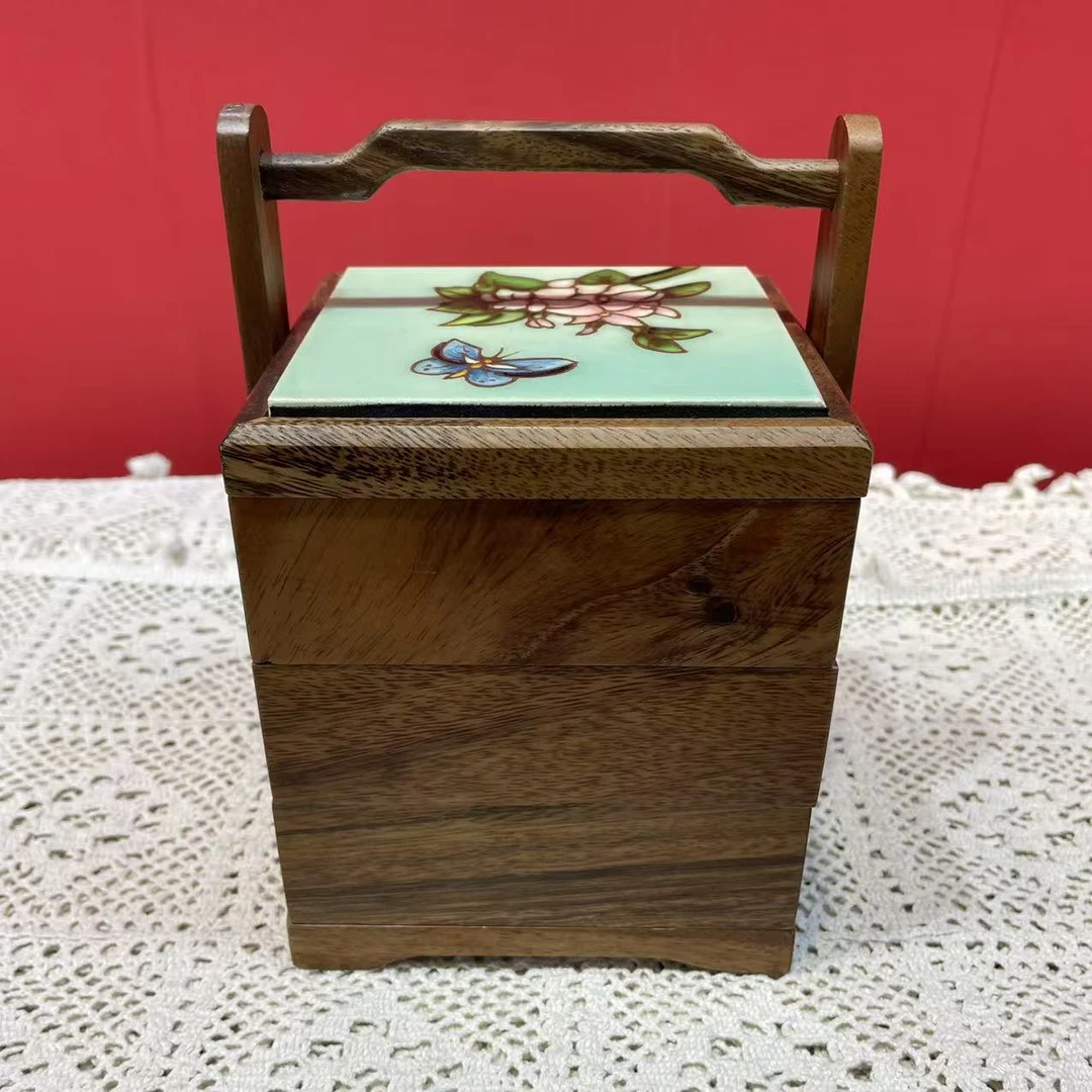 文创礼品中式家用手工制作胡桃木提梁多层茶叶收纳盒储物