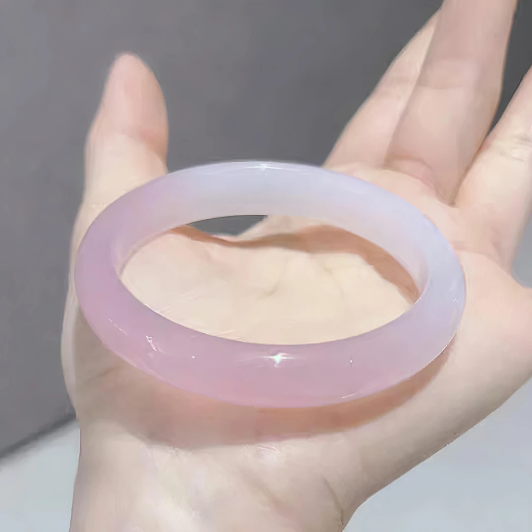 桃之夭夭～郁金香粉色女士玉髓手镯冰透水蜜桃正圈扁条美人镯子