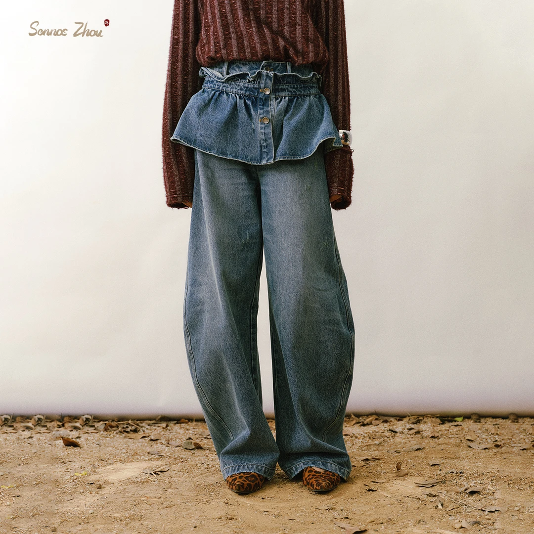 sennoszhou箔翎化裘水洗破坏花边牛仔裤Y516019