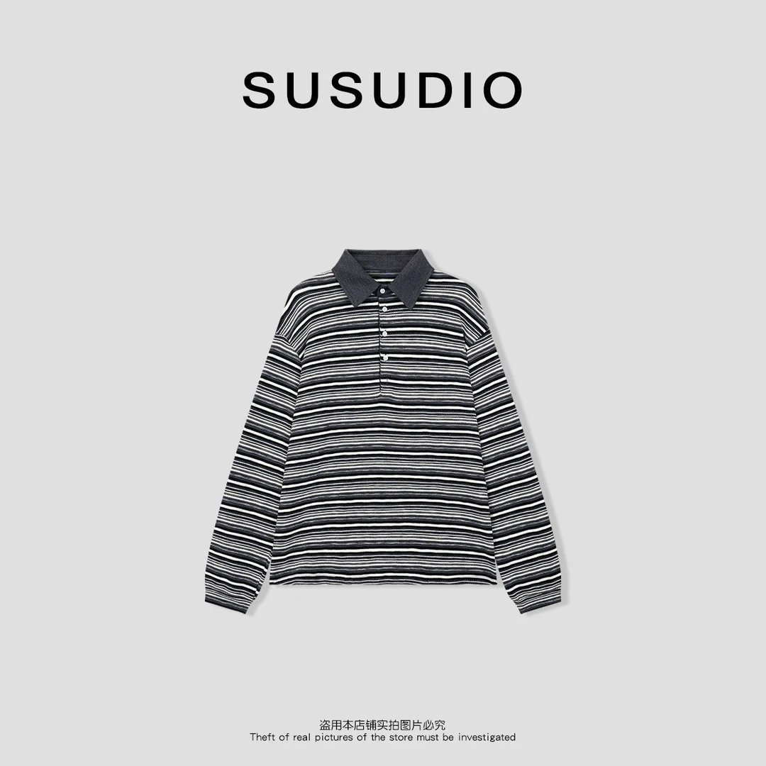 SUSUDIO 春夏老钱风复古polo领条纹长袖T恤 10132