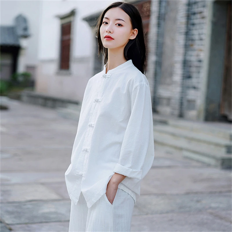 棉麻太极上衣女春新款中国风复古盘扣茶服衬衫打坐禅意练功服