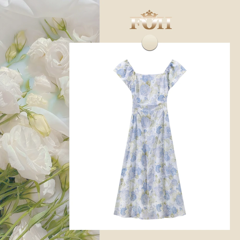 【封后轻奢设计】2025夏季新款方领印花百搭时尚连衣裙2008