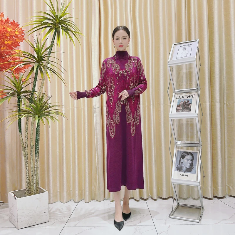 A137火龙果色提花设计款气质秋冬轻奢针织连衣裙时尚复古