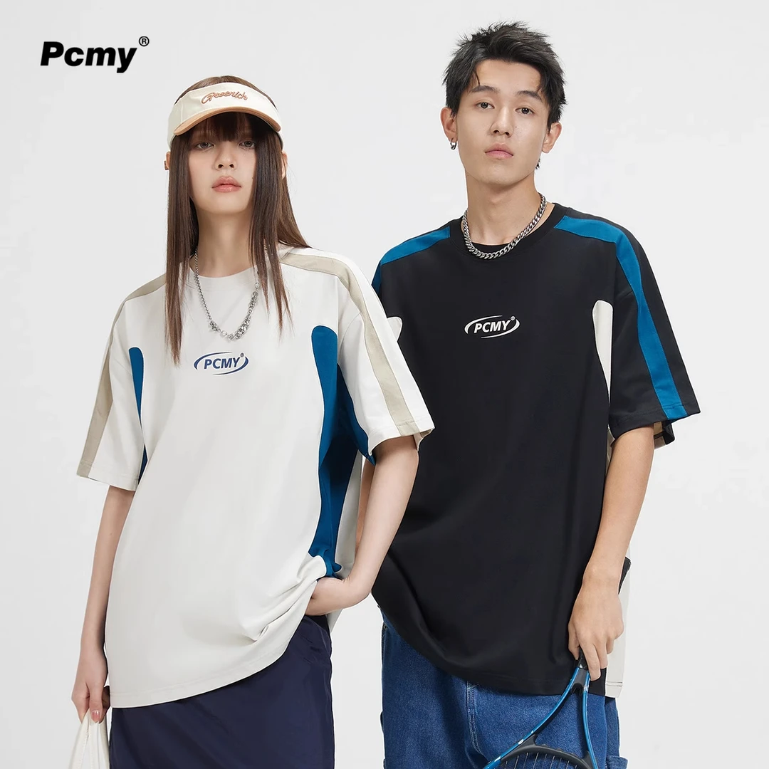 PCMY撞色拼接潮牌运动球衣短袖男款2025新款情侣装夏季美式t恤女