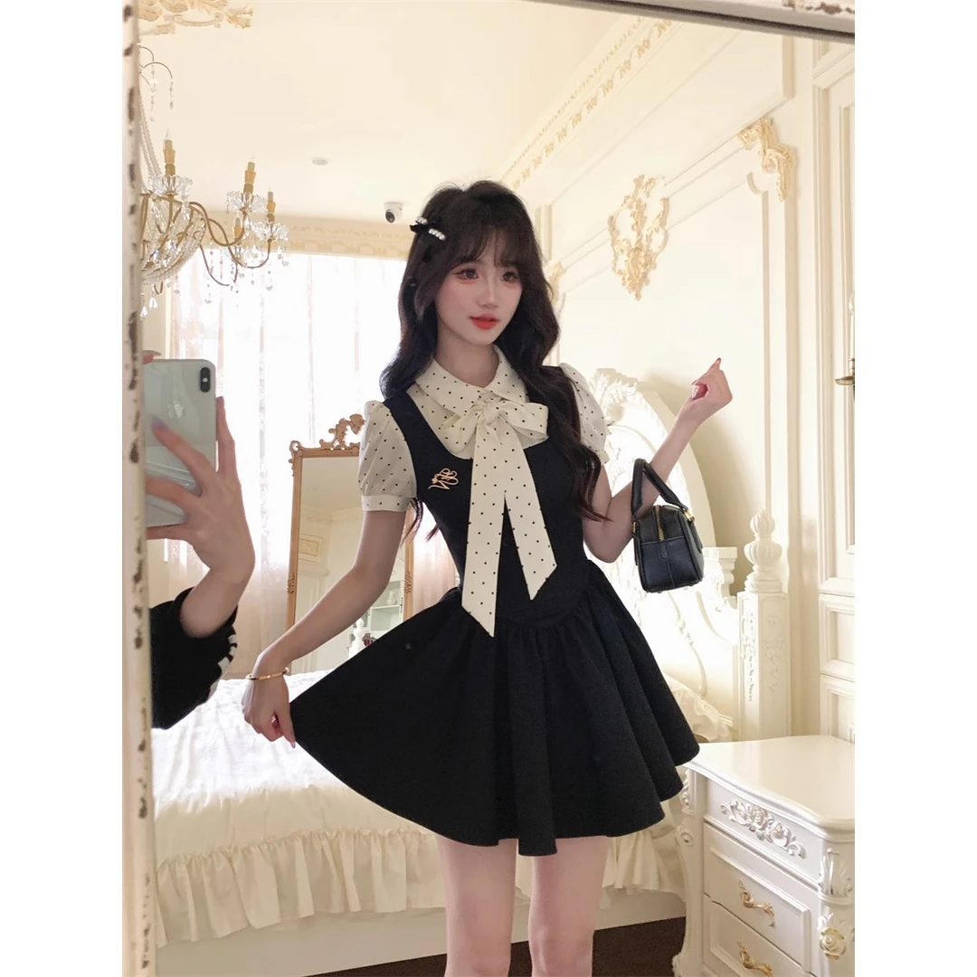 2025夏季新款拼接小个子波点法式复古假两件透气修身连衣裙D2818