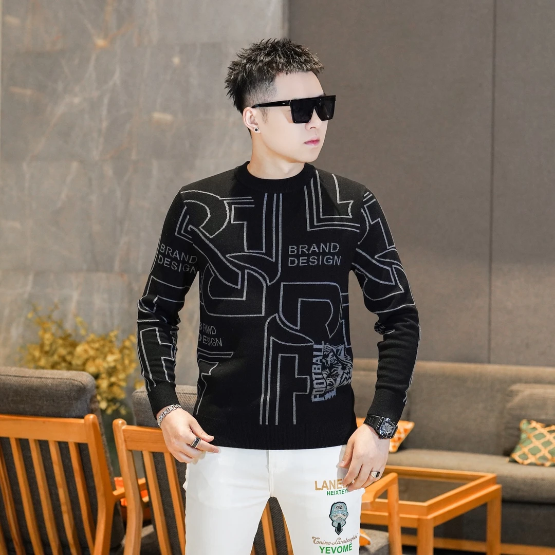 潮男士冬季厚款高档黑色毛衣个性线条撞色针织内搭打底衫GL28005