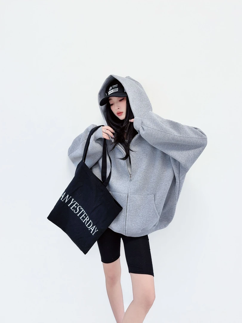 秋款宽松阔版韩范纯色连帽外套2570