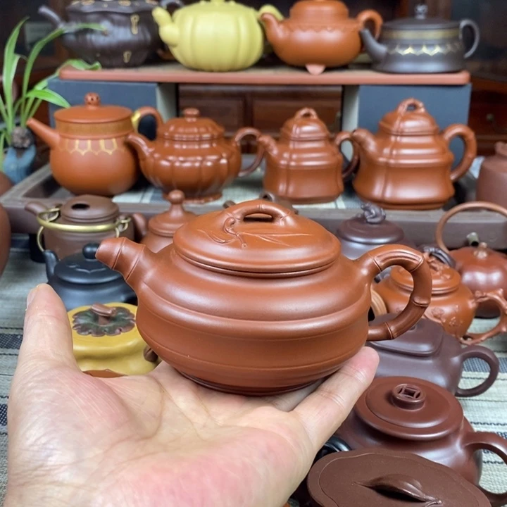 紫砂茶壶双线竹鼓260cc原矿红皮龙紫砂特价