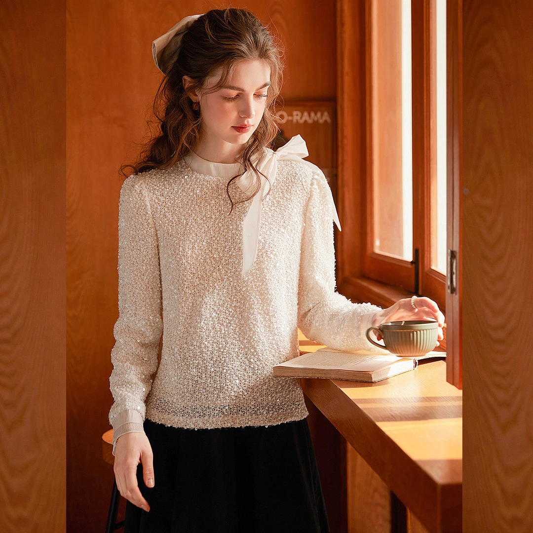 【黄蓉推荐】&白鹿语亮片肌理感衬衣时尚圆领蝴蝶结系带衬衫BY20259