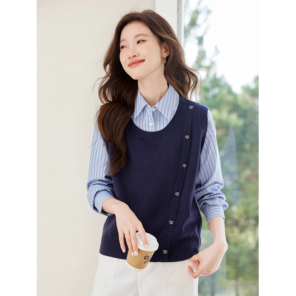 时尚假两件针织马甲拼接长袖衬衫女春秋新款气质设计感条纹上衣潮