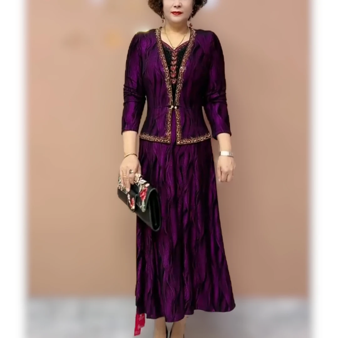 2025秋季新款中老年妈妈连衣裙假两件修身优雅气质显瘦减龄长裙子