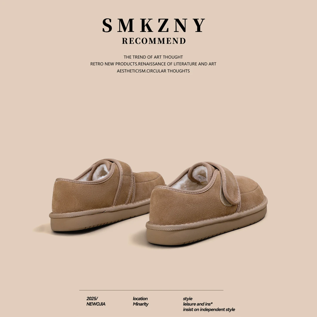 杏色加绒雪地靴女2025冬季新款魔术贴休闲保暖勃肯鞋复古百搭棉鞋