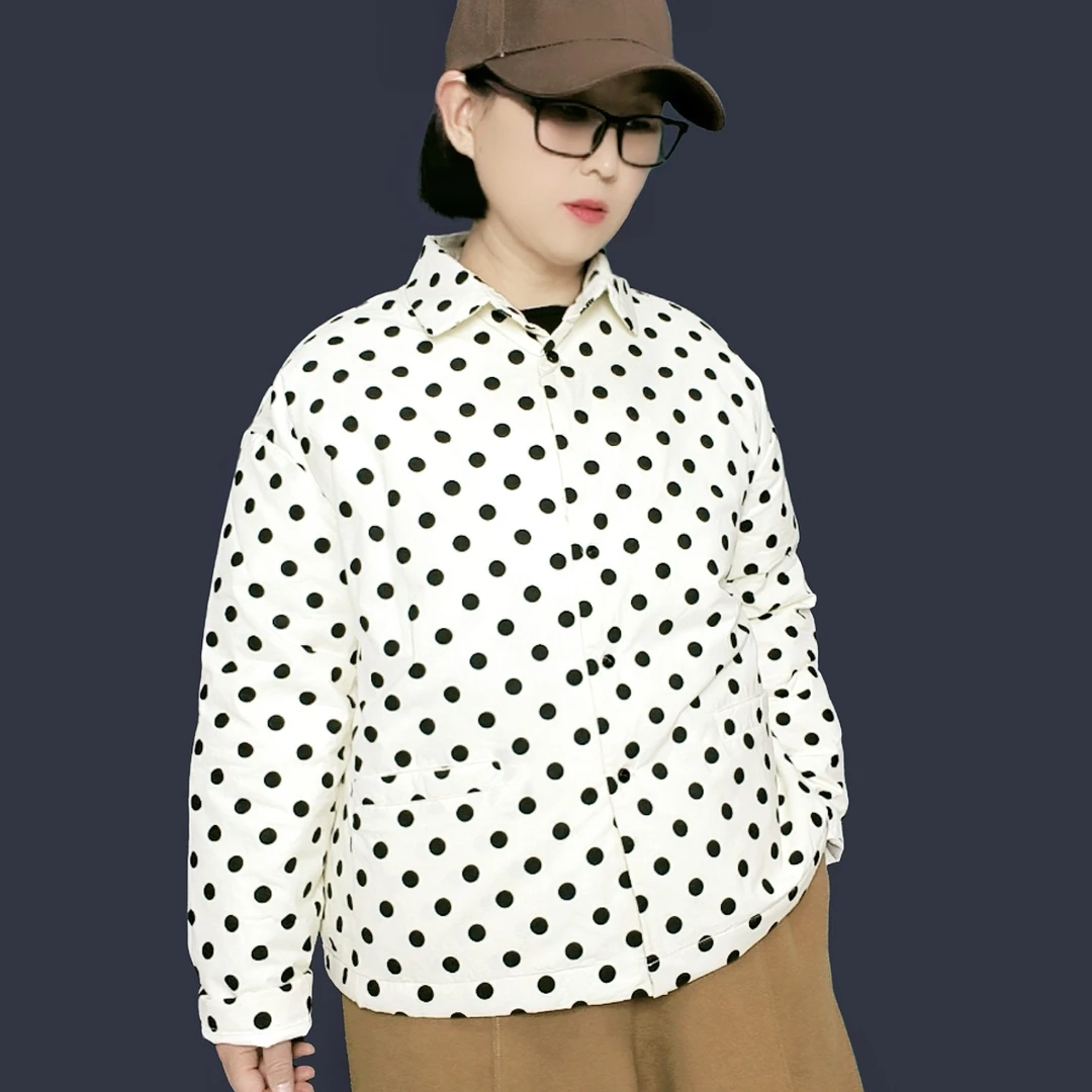秋冬新款白底波点棉白鸭绒翻领开进羽绒服女装百搭休闲衬衫外套