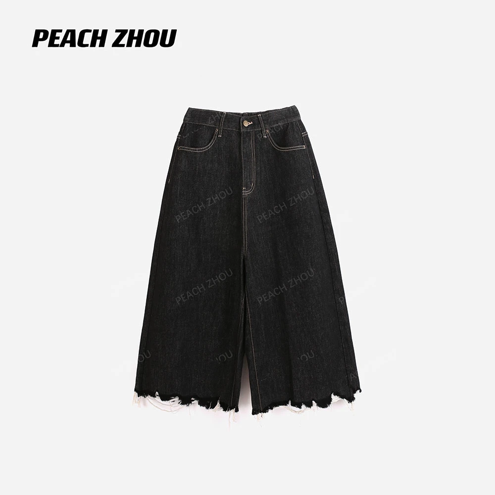 『PEACHZHOU』破坏吊烂裤脚丹宁宽松系扣牛仔短裤阔腿老爹八分中裤