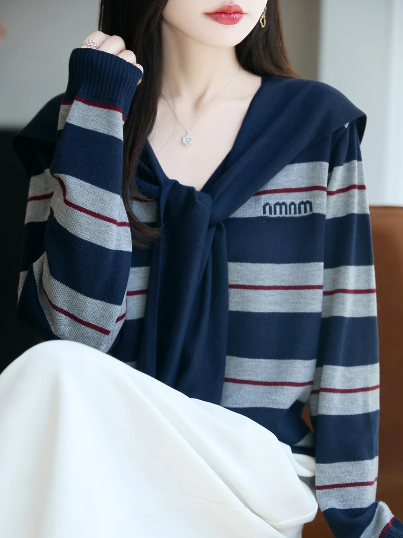 法式撞色条纹假两件披肩针织开衫女短外套毛衣2025宽松设计感上衣