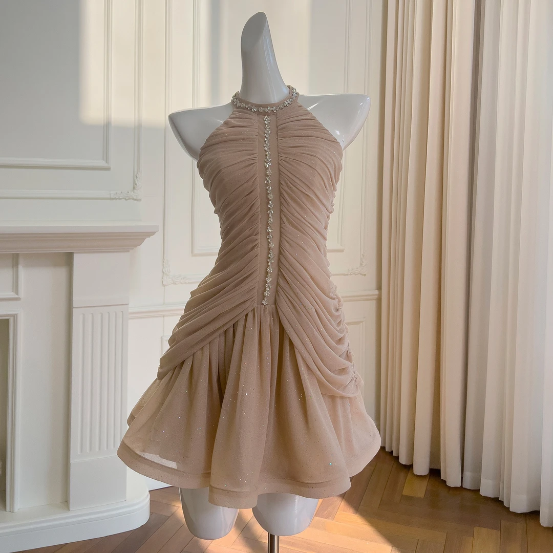 名媛风鱼尾裙法式纯色拼接连衣裙性感荷叶边褶皱名媛挂脖