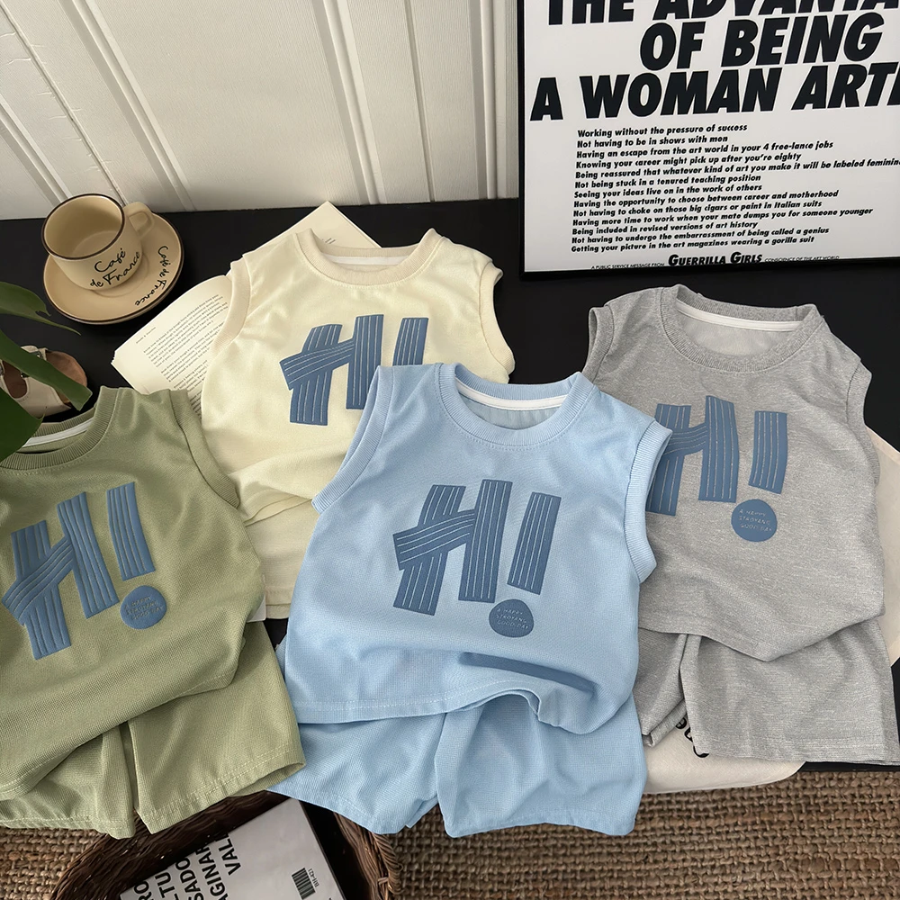 儿童背心套装夏季华夫格短裤男童小童夏装衣服童装