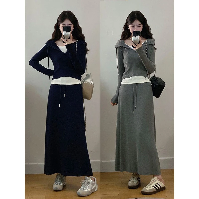 大码女装休闲慵懒风时尚连帽假两件上衣女2025早秋新款时尚半身裙