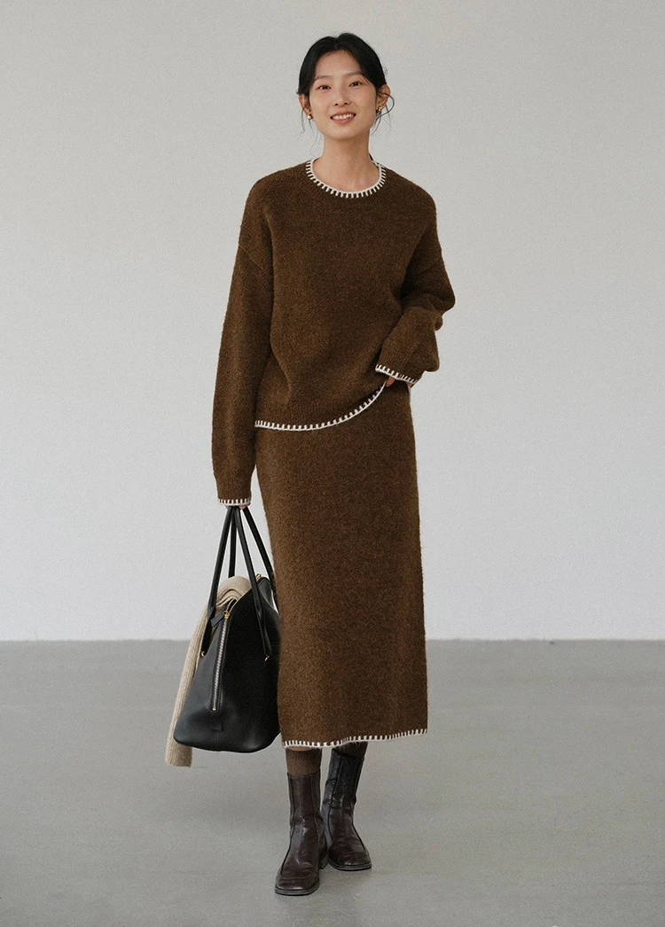 时尚套装复古美拉德针织衫套装秋冬新款撞色花边气质半身裙两件套