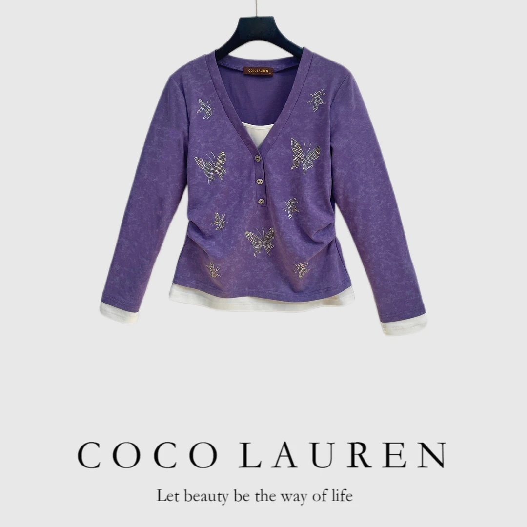 【蝴蝶仙子】2025新款设计师款时尚显瘦重工假两件长袖T恤A21768