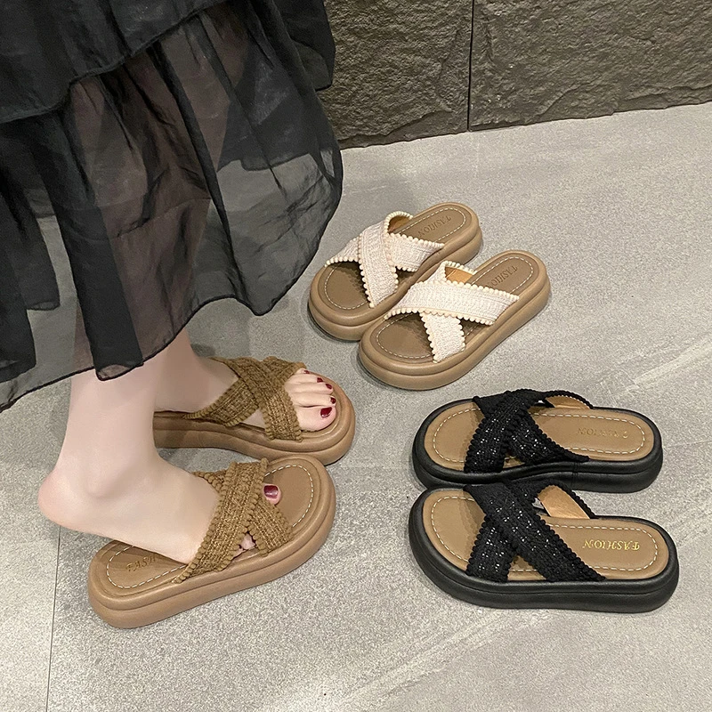 复古厚底勃肯鞋沙滩度假凉拖鞋交叉带针织女鞋夏季外穿2025年新款