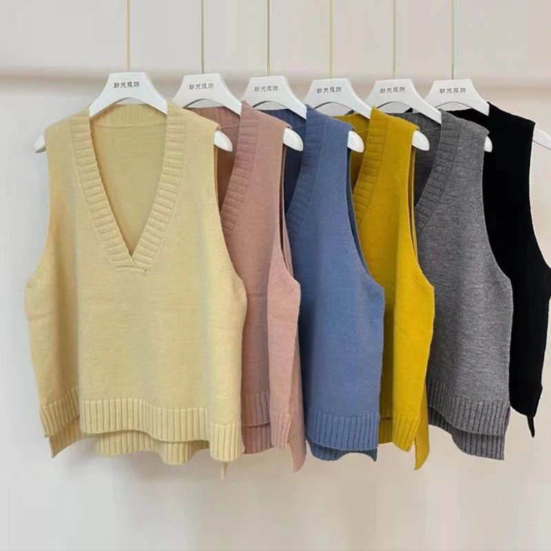 糖果色针织V领马甲套头前短后长侧开叉宽松大码显瘦百搭坎肩女潮