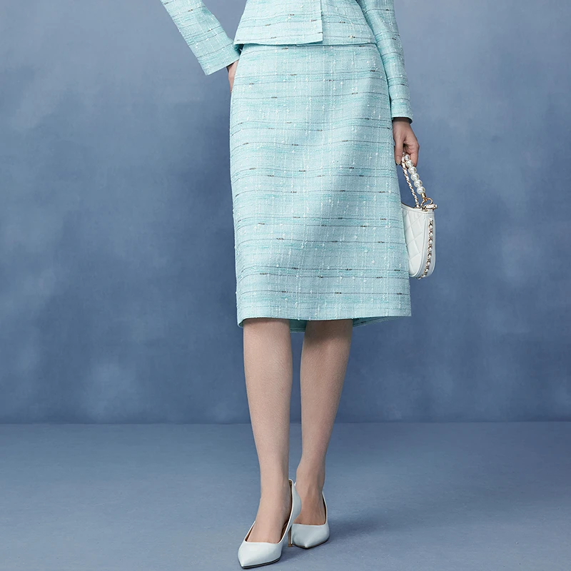 韩国香风薄荷绿半身裙2025春季新款薄花呢一步裙-MJGA03WSK732T01