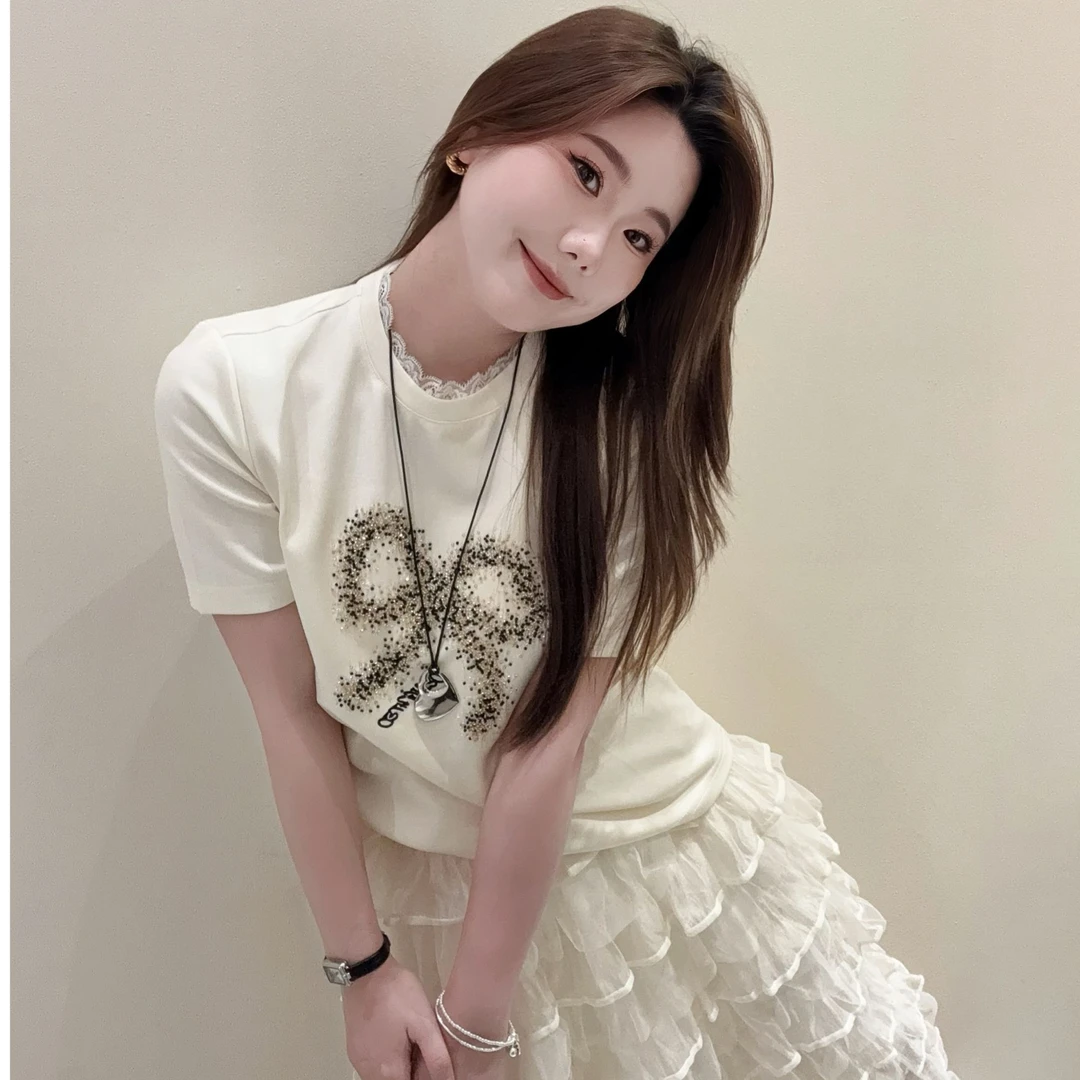 【BayaLi】2025春夏季新品重工蕾丝领蝴蝶结奶油T