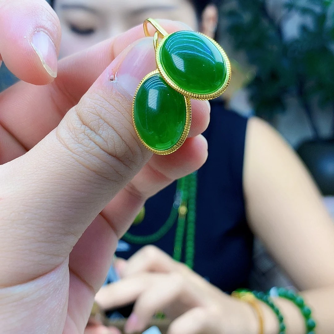 吊坠(不含链)银S925镶嵌和田玉（碧玉）耳钉
