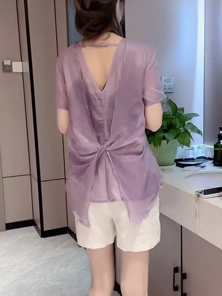 2025年夏季新款女装高级感轻奢显瘦轻熟风上衣紫色扭结衬衫短袖