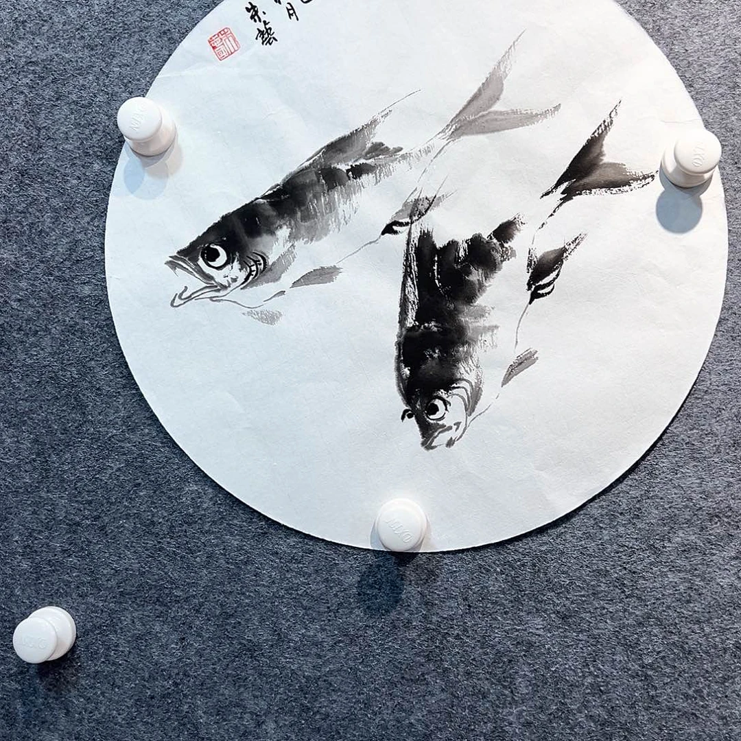 国画知鱼之乐纯手工画