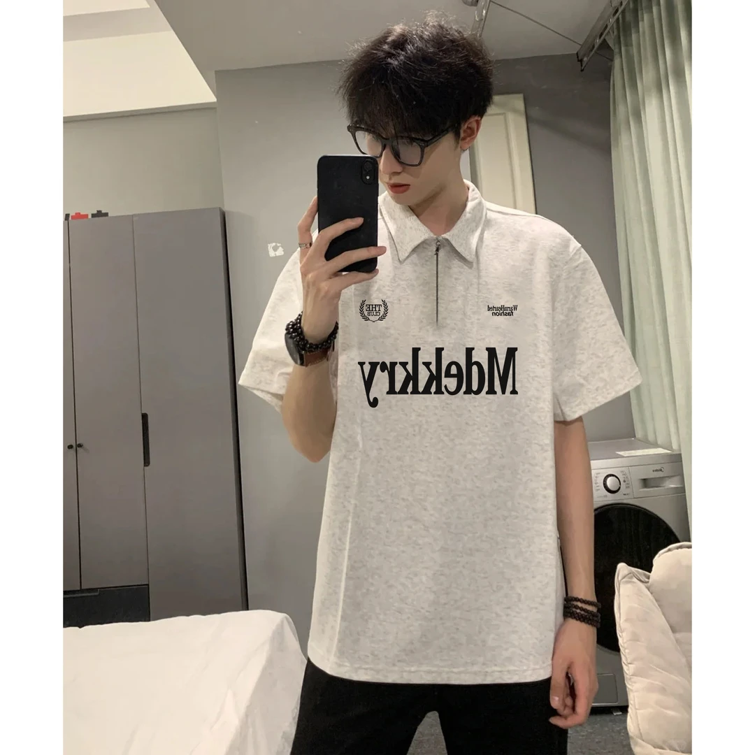 100%纯棉美式个性潮流ins字母印花短袖Polo衫T恤男女夏季翻领上衣