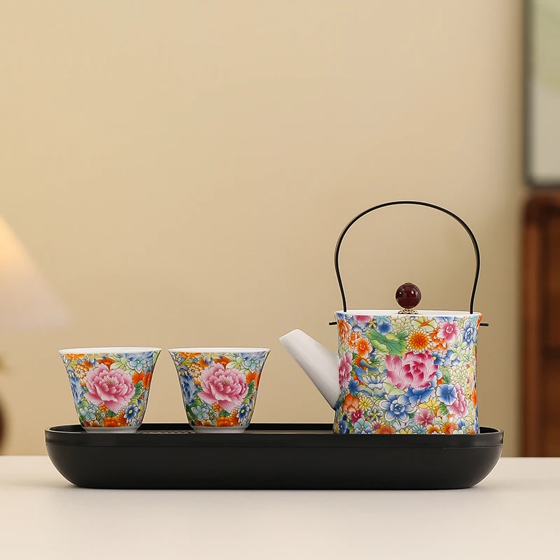 珐琅彩陶瓷旅行茶具套装一壶二杯带茶盘便携式户外露营泡茶壶茶杯