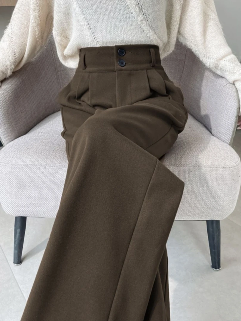 哥弟阿玛施正品裤子女款爆款2025新款秋冬季窄版高腰毛呢阔腿裤