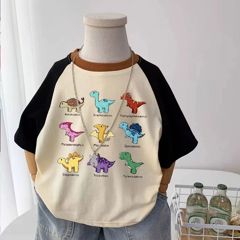 男童纯棉短袖T恤新款儿童夏季卡通小童恐龙休闲百搭女童半袖体恤