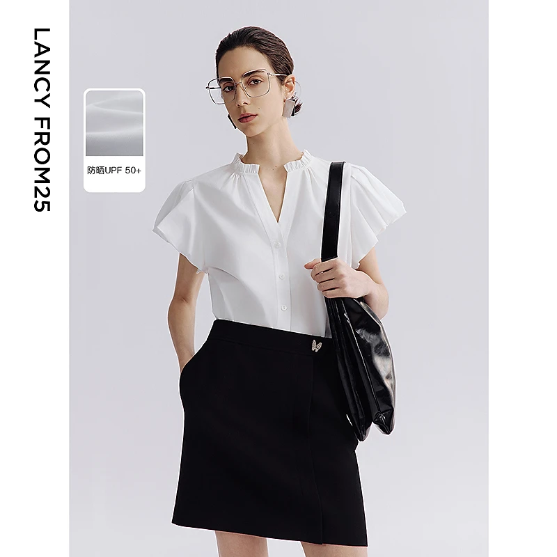 朗姿v领木耳边白色灯笼袖短袖防晒衬衫2025年夏季新款复古风上衣