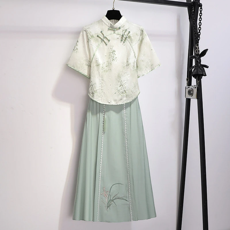 绿色汉服连衣裙2025新款女夏季成人改良唐装旗袍新中式国风套装裙