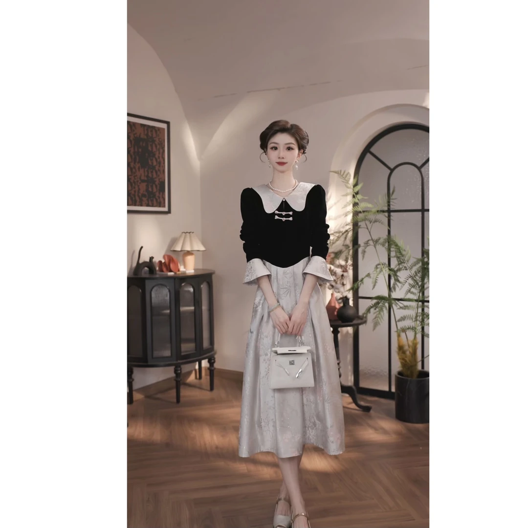 【薇宝儿-婷婷】-24年新中式拼接丝绒轻奢显瘦高腰线连衣裙-BV133K