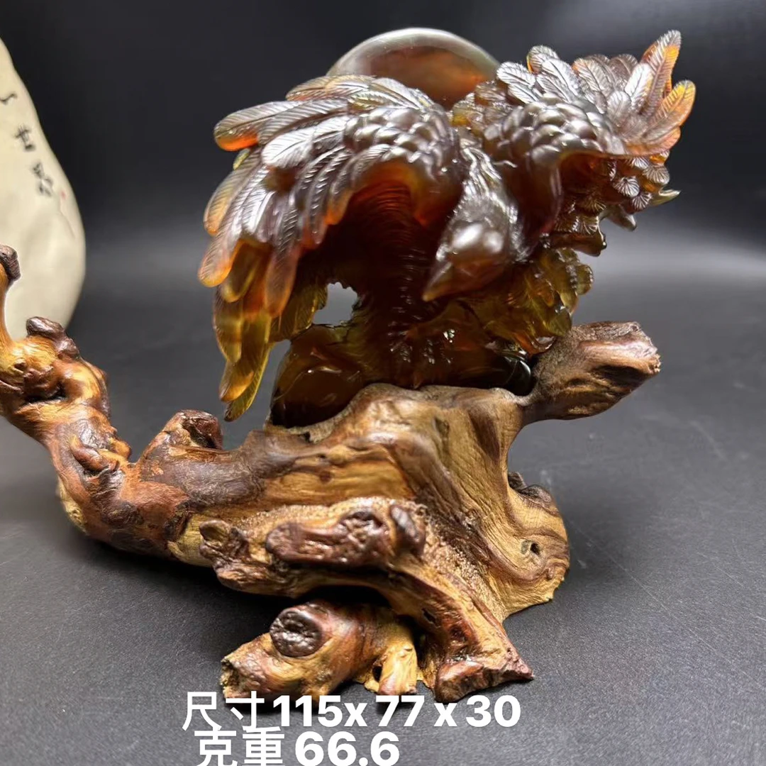 缅甸天然琥珀精工雕刻金棕红蜜大展宏图摆件
