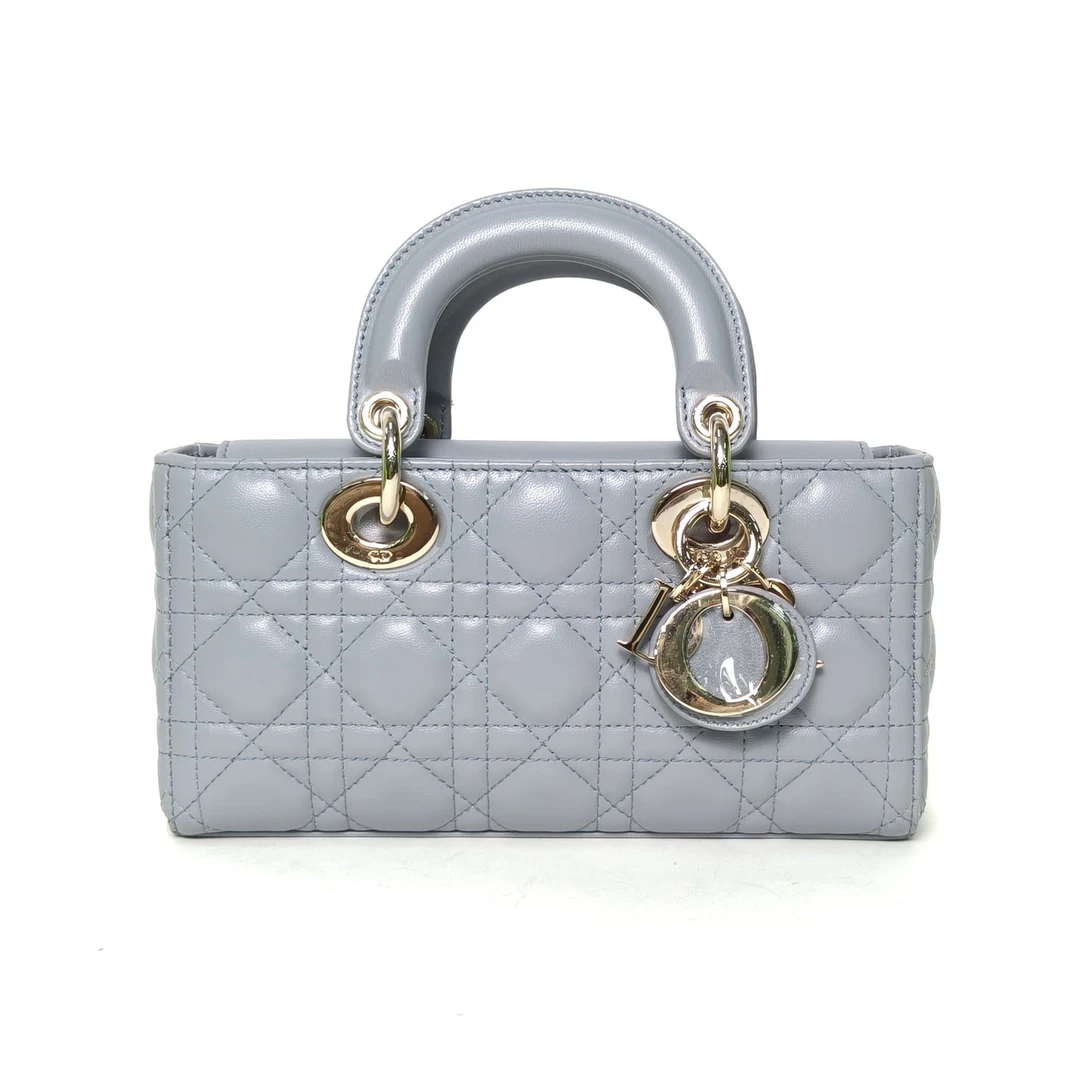 99新 DIOR/迪奥 【黑黑】横版戴妃包 小号 22 蓝色 皮革S 金扣