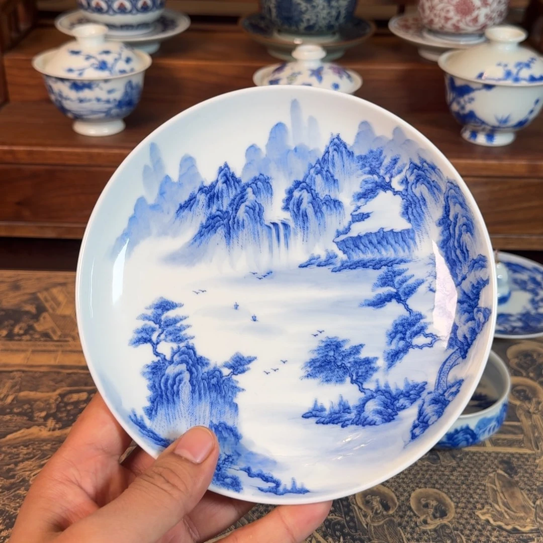 景德镇全手工手绘青花山水壶承