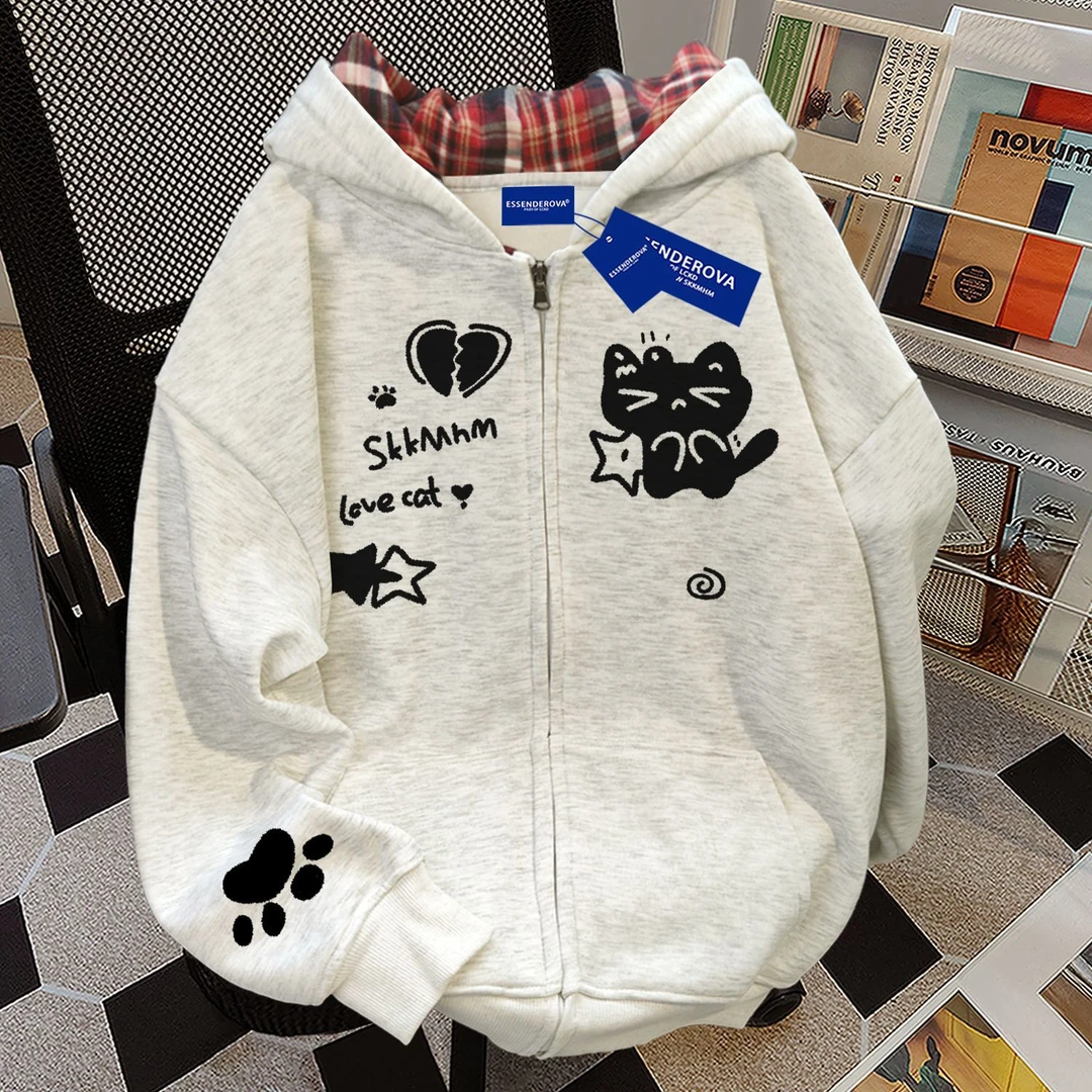 韩版时尚简约百搭连帽卫衣女秋冬季加绒宽松简约格子拉链开衫外套