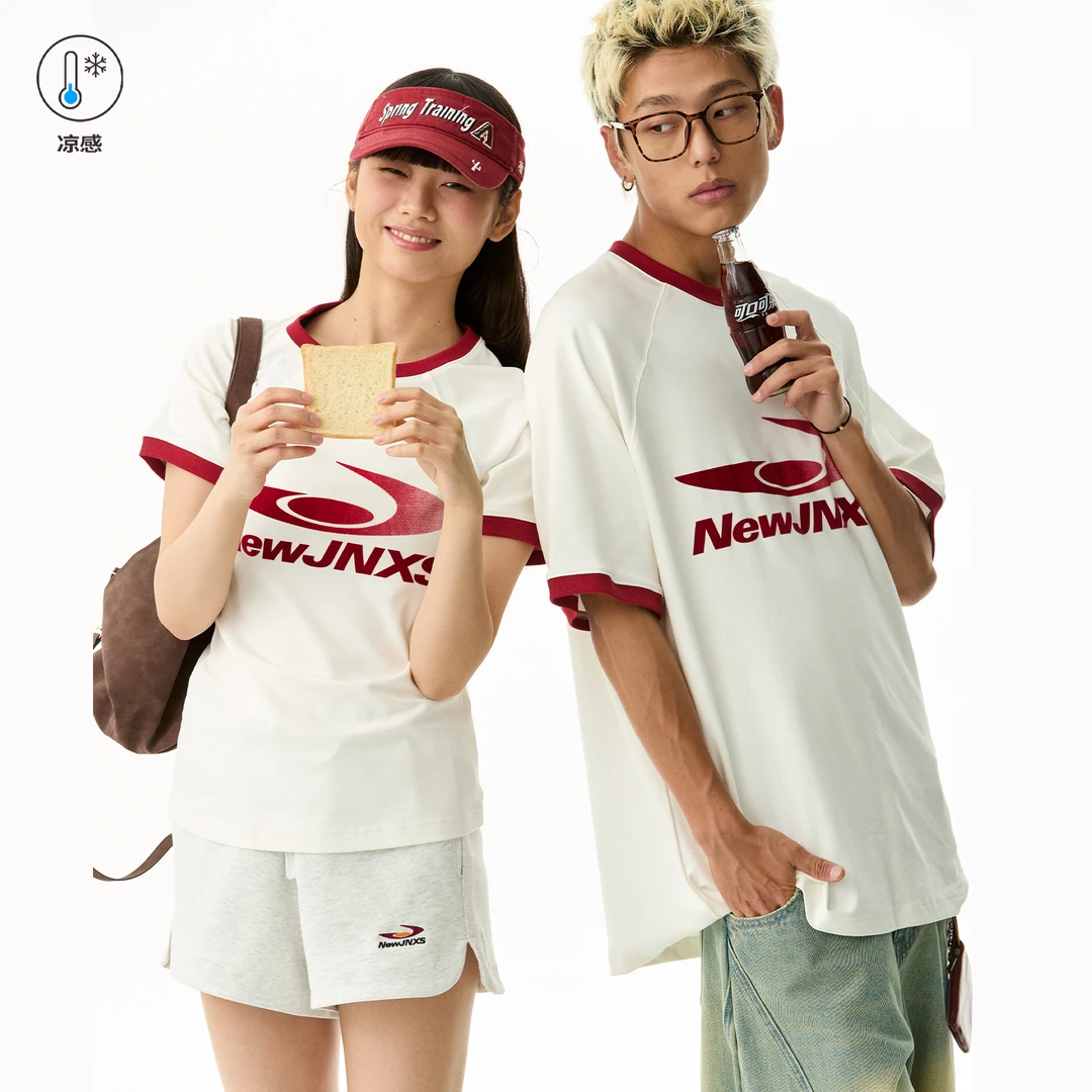 江南先生运动轨迹渐变网点印花凉感T恤撞色植绒插肩袖短袖JN52C49