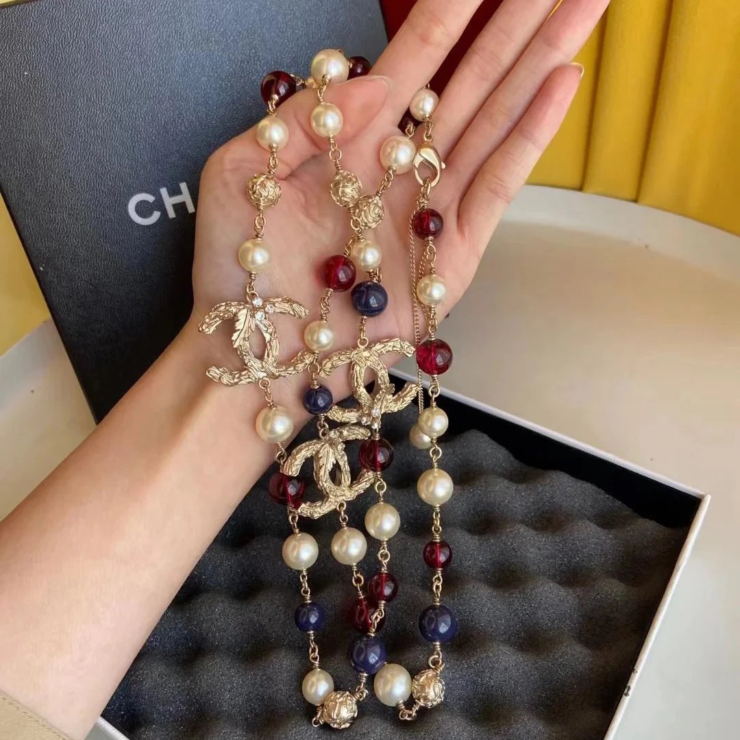未使用 Chanel/香奈儿 重工浓金琉璃珠珍珠三双c项链AV0268