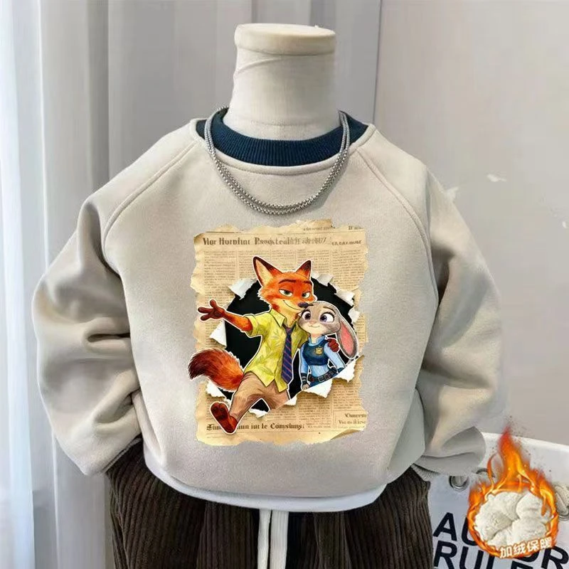 儿童秋冬季新款加绒圆领卫衣中大童宝宝卡通男女童疯狂动物城衣服