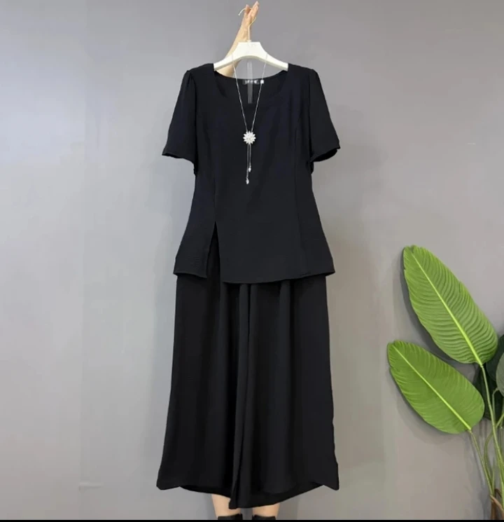 夏季宽松短袖开叉显瘦中式上衣黑色休闲气质中国风时尚阔腿裤
