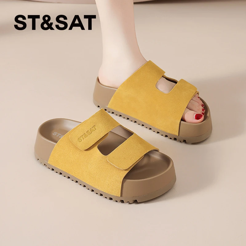 星期六魔术贴博肯拖鞋女2025夏季新款外穿松糕厚底一字沙滩凉拖鞋