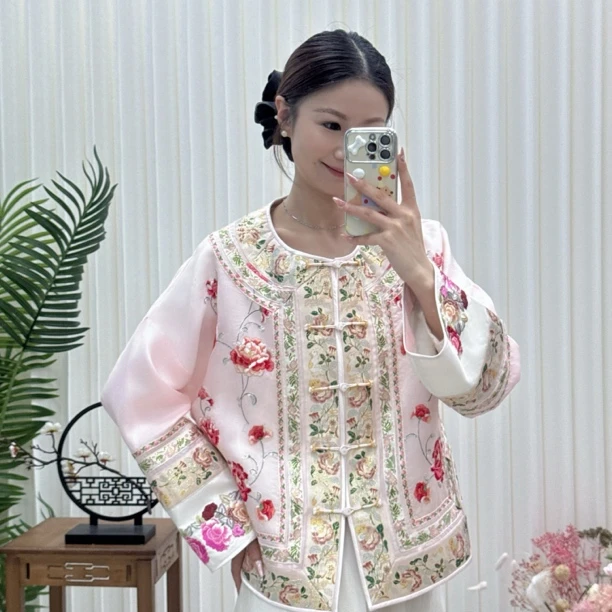 镇店之宝系列真丝欧根纱手工刺绣重工粉色上衣